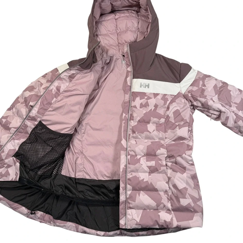 Helly Hansen Imperial Puffy Jacket Womens XL Camo Hoodie RECCO Ski Purple‎